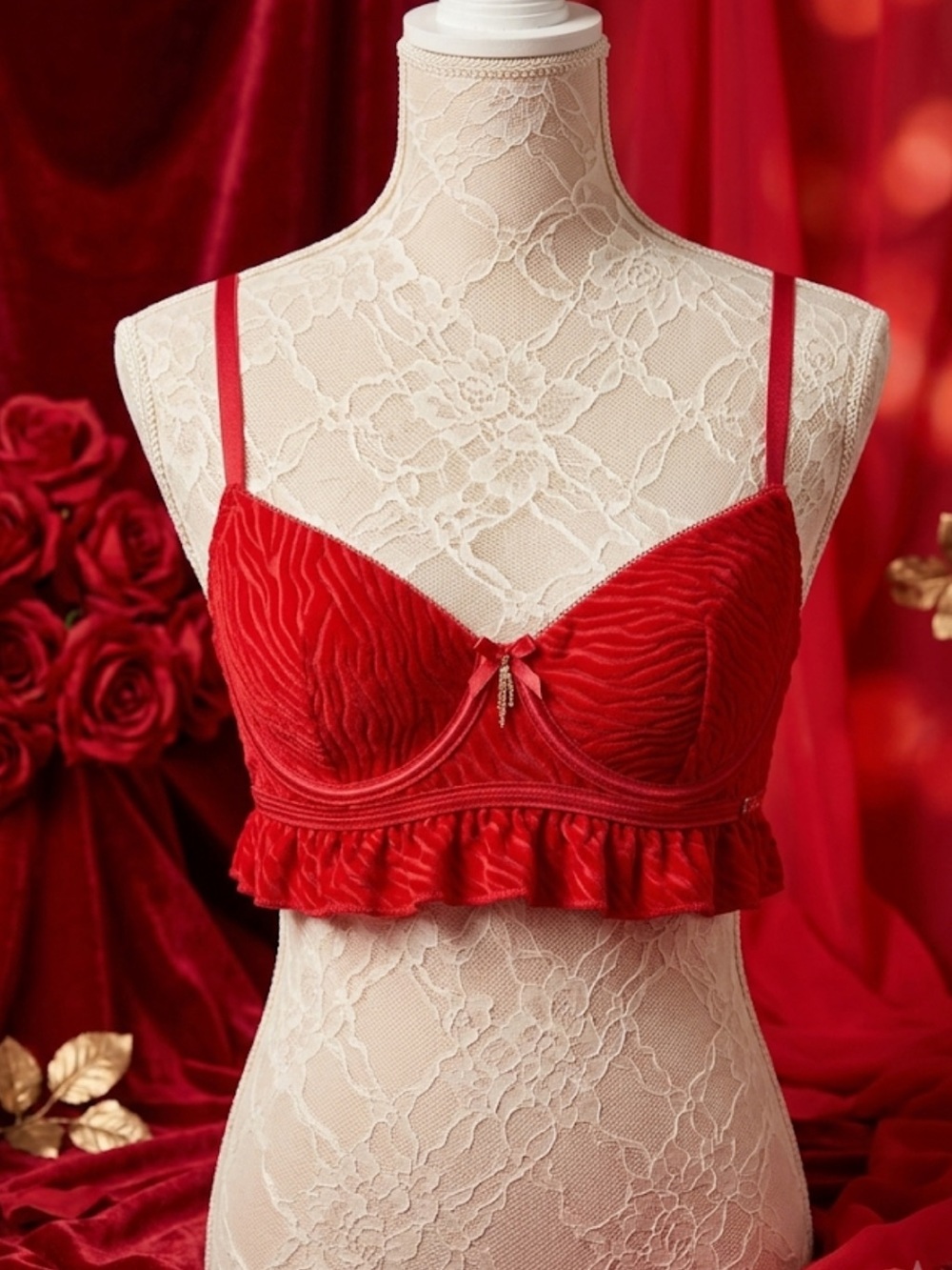 Y2K Red Rachel Roy Femme Fatale Romantic Sheer Ruffle Mesh Velvet Unpaded Bra 34